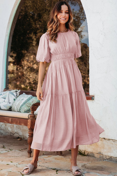 Puff Sleeve Pleated High Waist Flowy Long Dress
